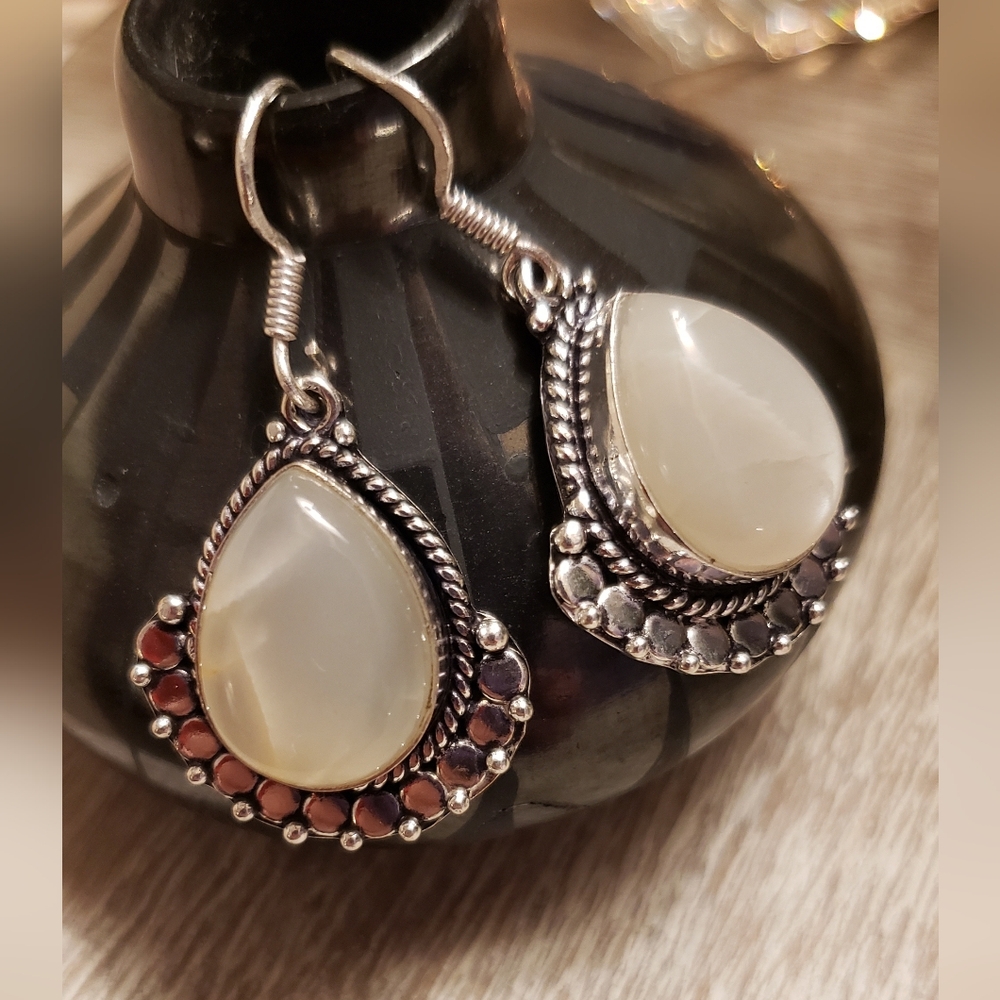 Mother Of Pearl & Sterling Earrings, 2", NWOT, Artisan Made, French Wires, Rich!
